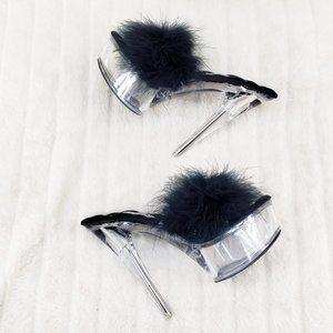 Marabou Feather Slip On Platform Sandals 6" Stiletto Heels Black Size 9 Last one